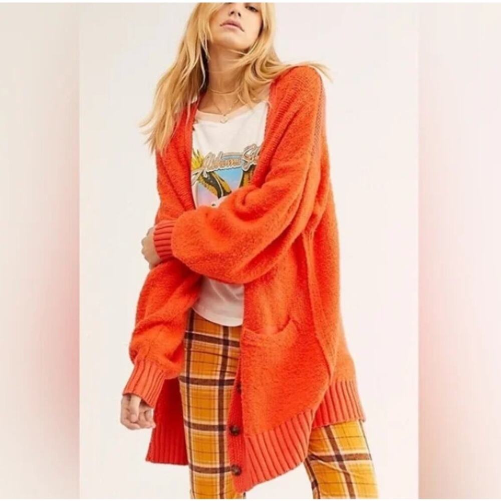 Free People Snow Drop Oversized Cardigan V Neck Sweater Orange XS Boho 3968